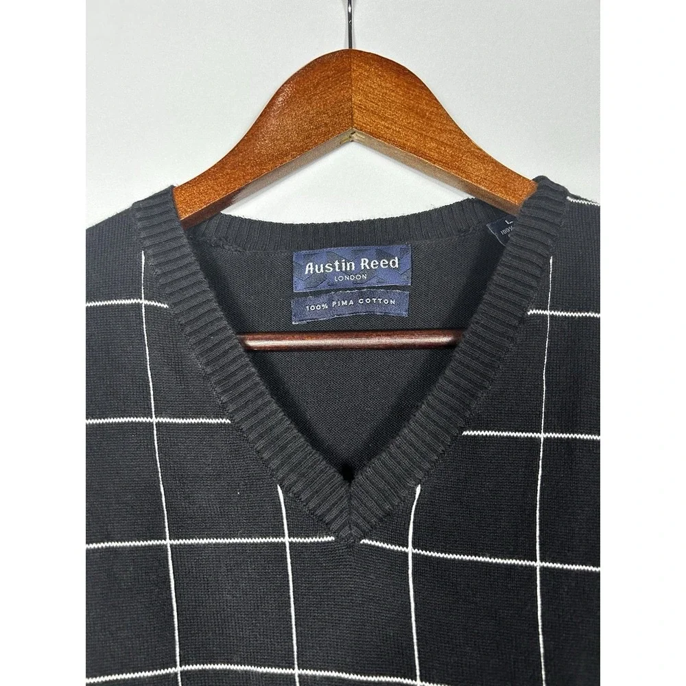Austin Reed Pima Cotton Sweater Vest Mens L Window Pane Knit Preppy Academia
